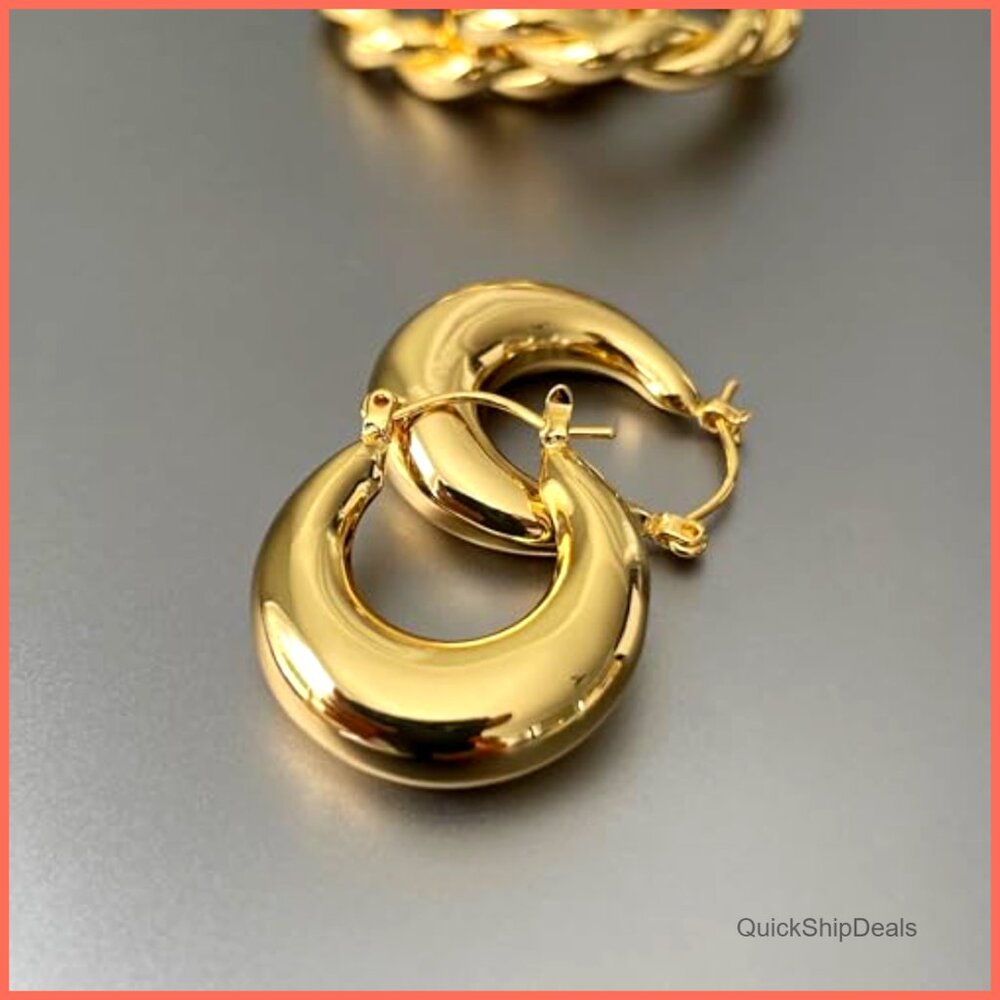 14K Gold Plated Chunky Triple Hoop Earrings Hypoallergenic - Picture 6 of 7